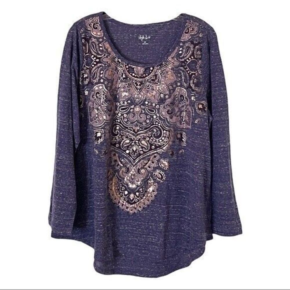 🌺 Style & Co. Metallic Boho Paisley Graphic Print Purple Knit Top Size 2X NWT